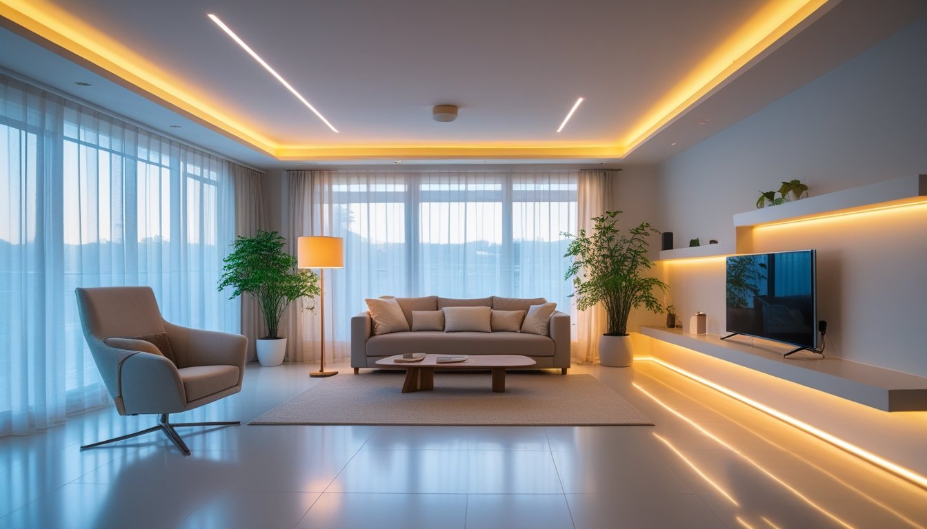 A modern living room with various energy-efficient lights including ceiling LEDs, a floor lamp, and ambient strip lighting, featuring comfortable furniture and plants.