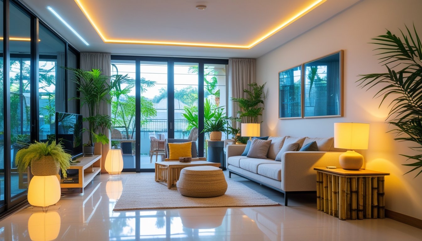 A modern living room with natural and energy-efficient lighting, featuring LED strip lights, smart lamps, plants, and sustainable furniture.
