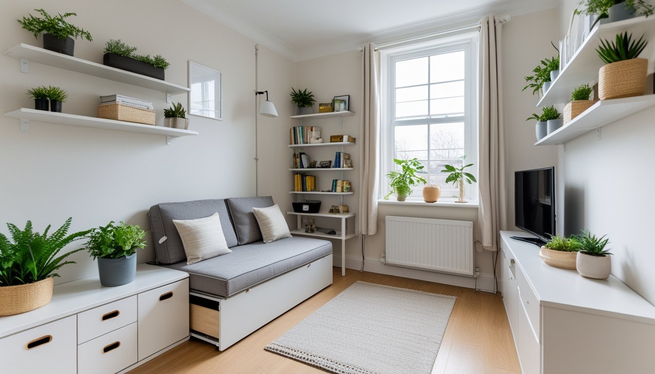 A compact UK flat interior with multifunctional furniture, wall shelves, plants, and natural light creating an organised and cosy living space.