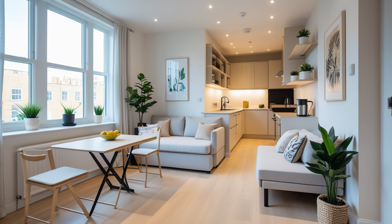 A compact and well-organised small UK flat interior with multifunctional furniture, natural light, and modern design features.