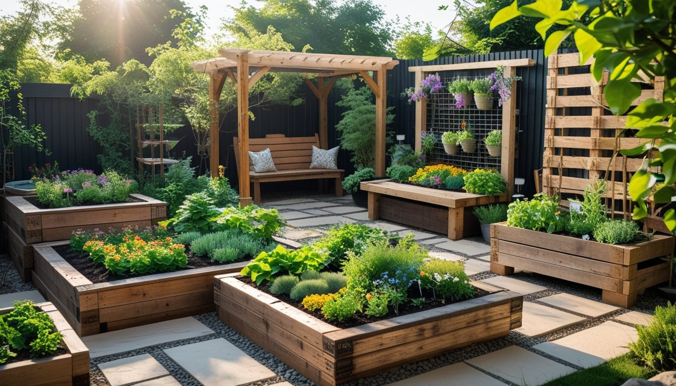 A garden with raised beds, wooden planters, a bench, and trellises made from reclaimed wood, surrounded by plants and stone paths.