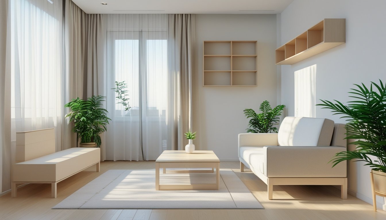 A small living room with a compact sofa, wooden coffee table, wall shelves, large windows, and green plants, arranged neatly to maximise space.