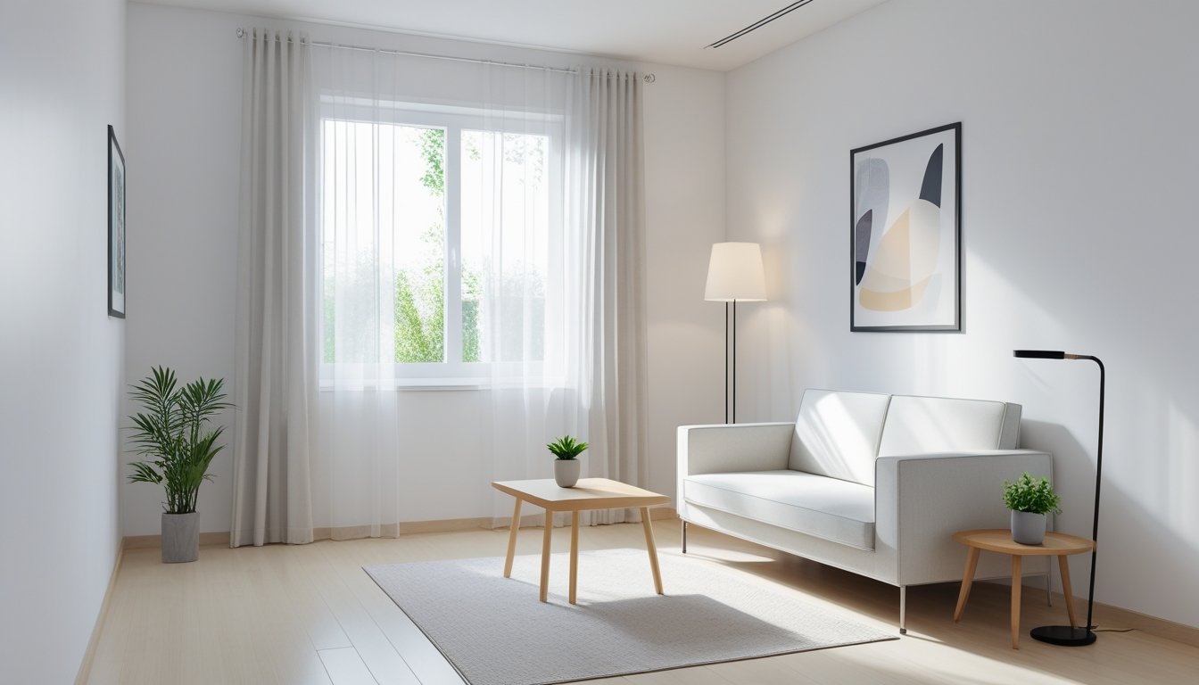 A small living room with a compact sofa, coffee table, floor lamp, and a potted plant by a large window.
