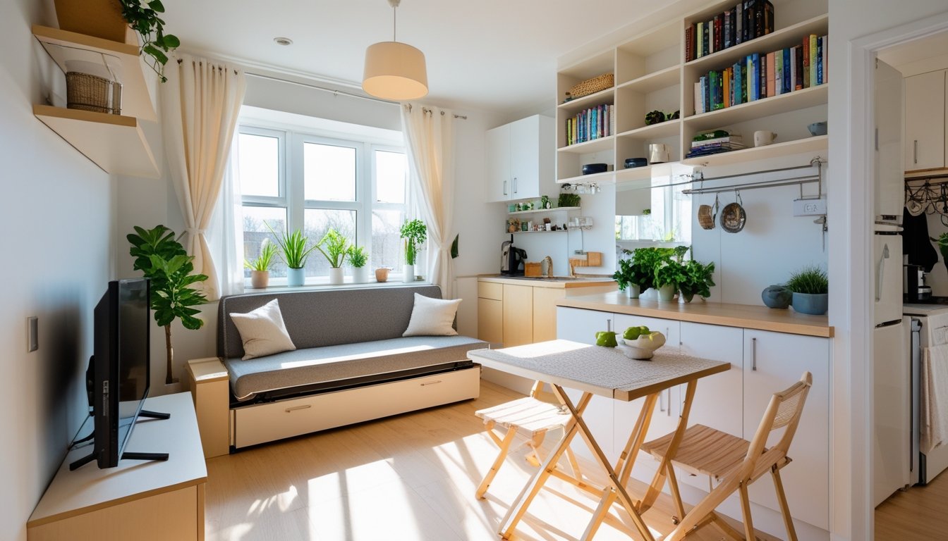 A small, organised living room in a UK home with multifunctional furniture, wall shelves, plants, and natural light from a window.