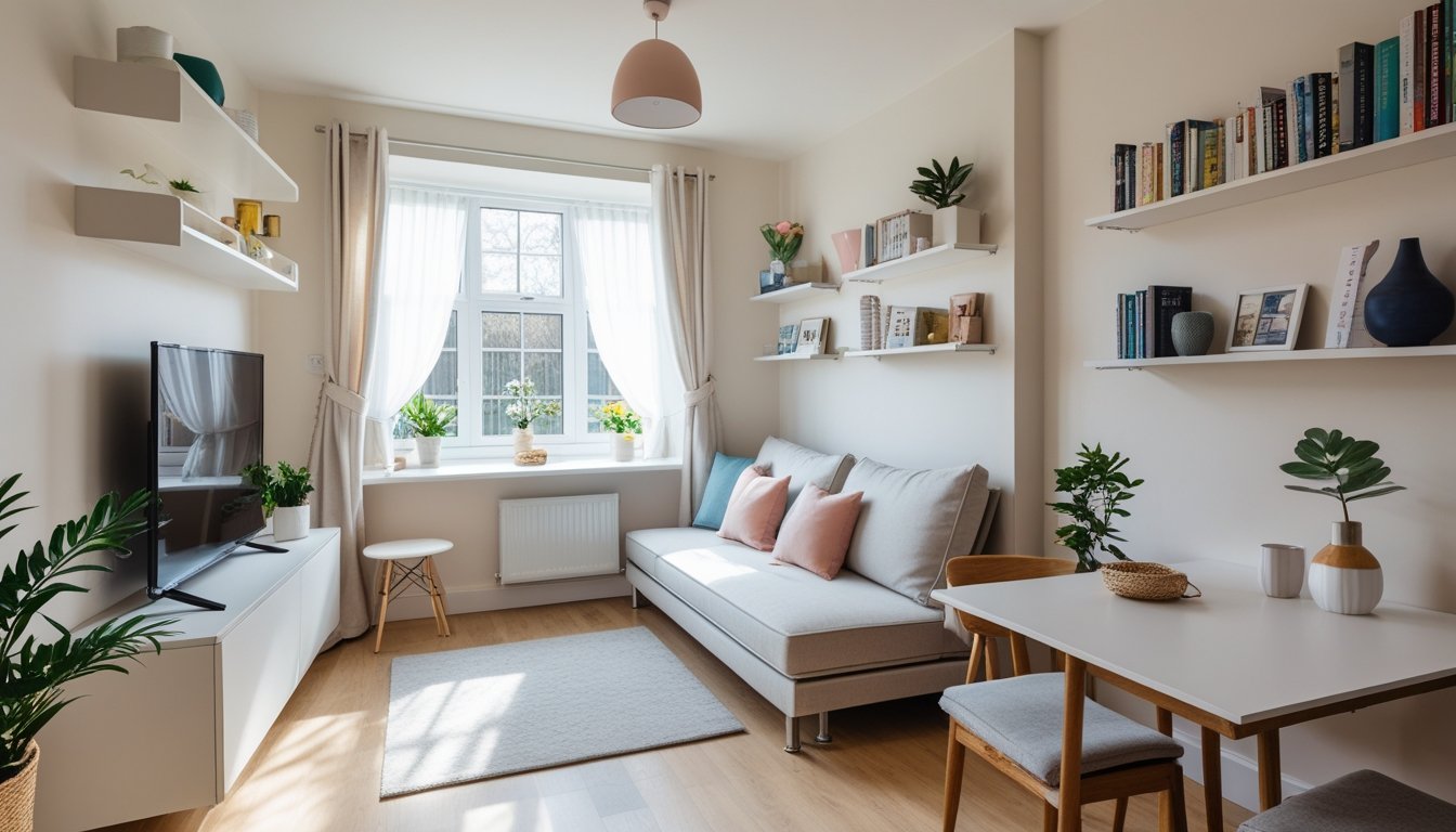 A small, bright UK home interior featuring space-saving furniture and storage solutions with natural light and plants.