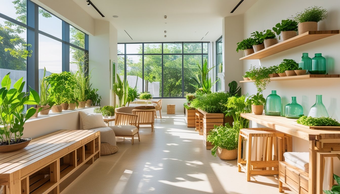 A bright interior room with natural wood furniture, green plants, and large windows letting in daylight.