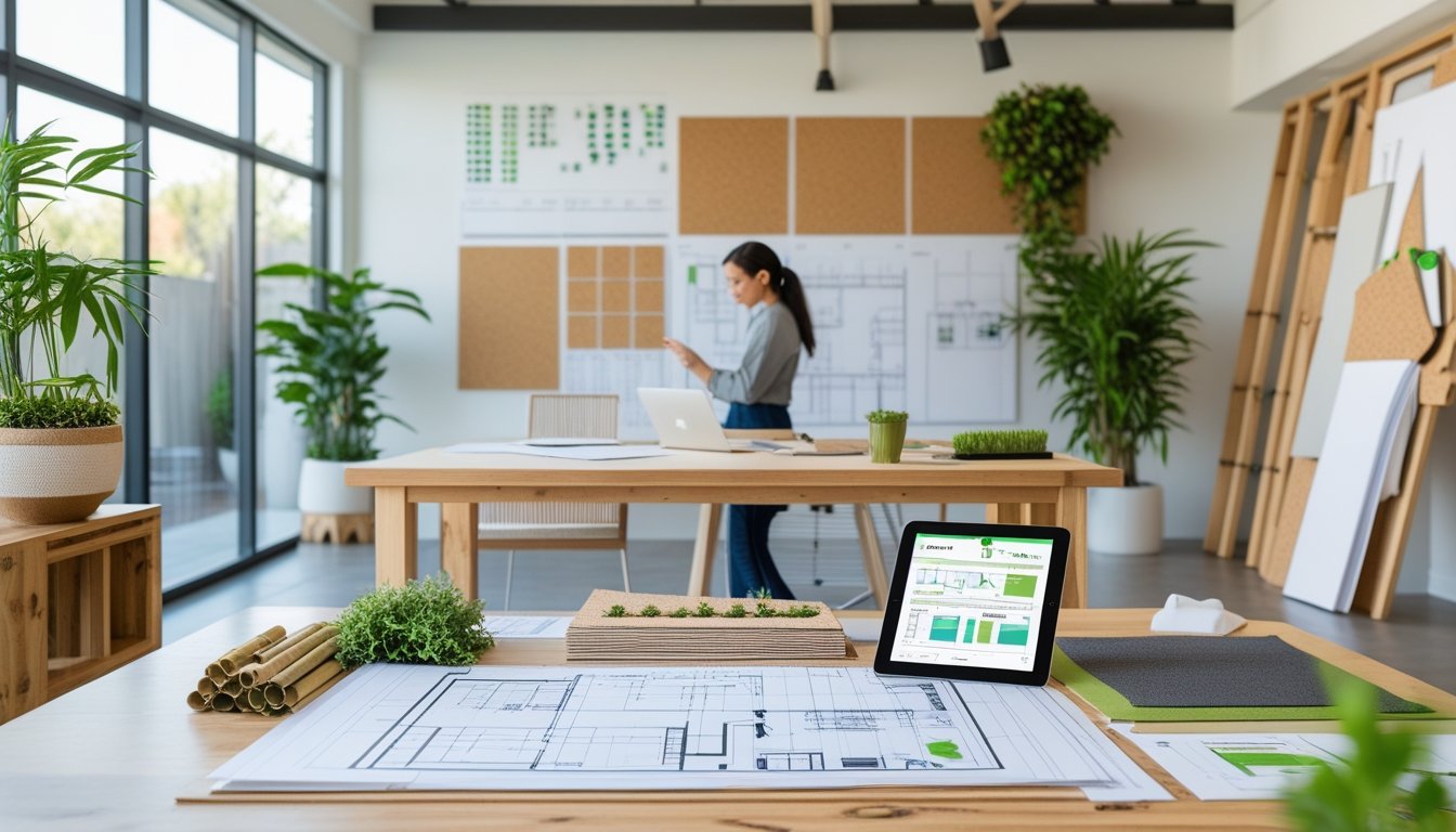 A bright workspace with natural light, eco-friendly furniture, indoor plants, and a designer reviewing plans surrounded by sustainable materials.