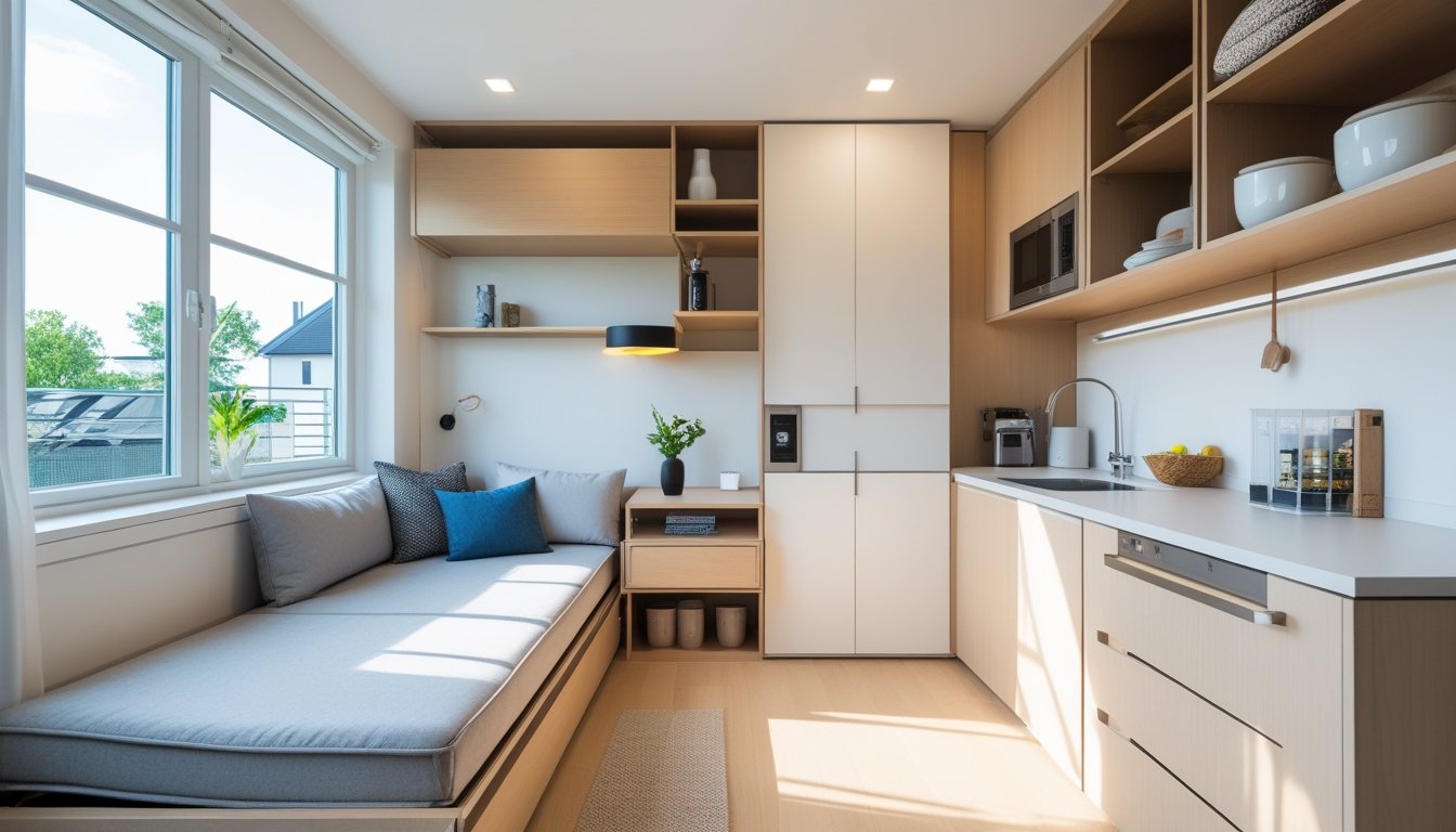 A bright, organised small apartment interior with multi-functional furniture and clever storage solutions to maximise space.