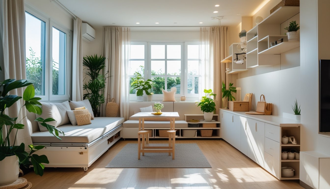 A small, bright living room with multi-functional furniture and clever storage solutions to maximise space.