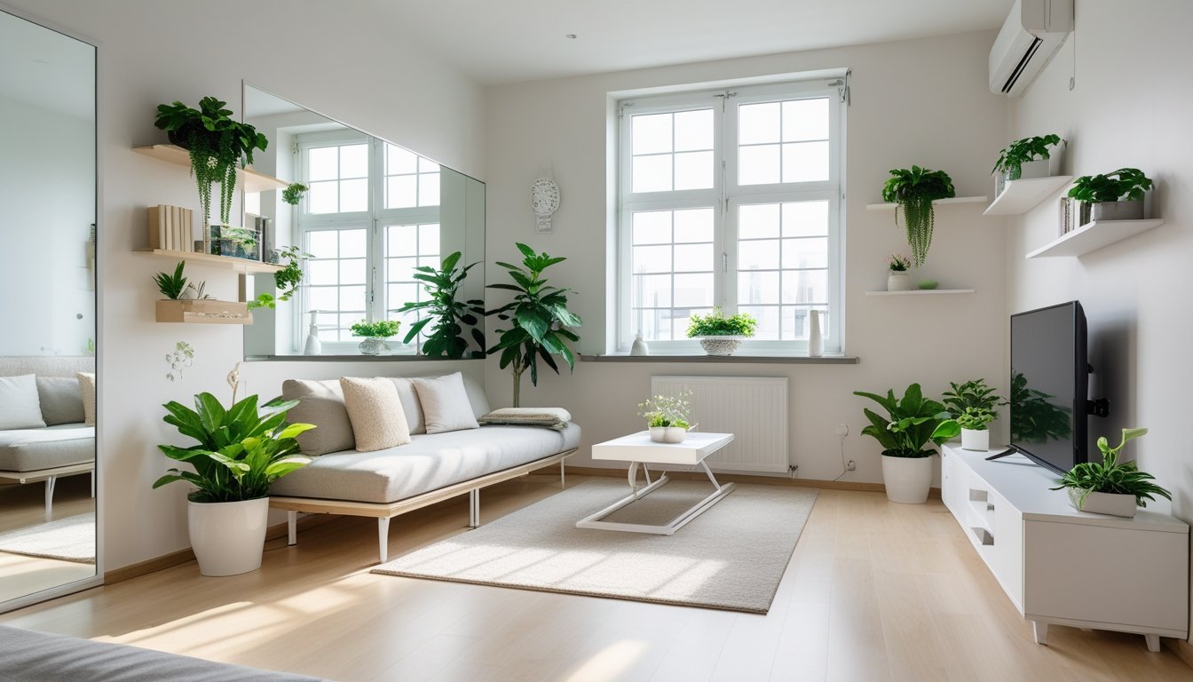 A small living room with light colours, natural light, mirrors, multifunctional furniture, and plants arranged to make the space feel open and inviting.