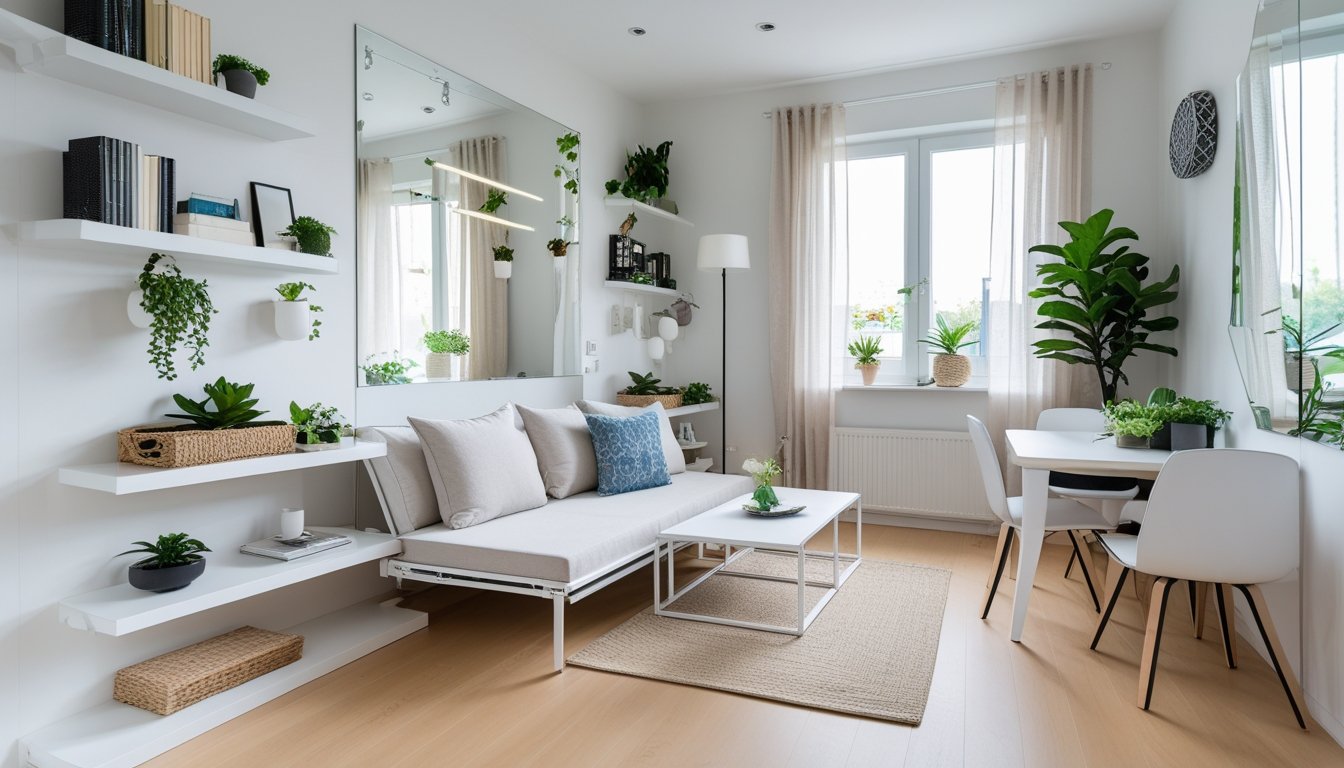 A small living room with multifunctional furniture, floating shelves, mirrors, and natural light creating an organised and cosy space.