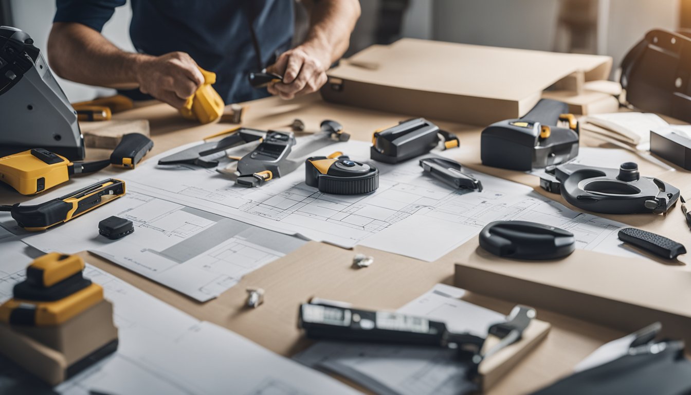 A modern home renovation project in progress, with tools, blueprints, and materials scattered around a clean and organized workspace