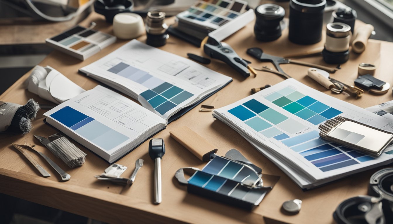 A modern home renovation guidebook surrounded by tools, paint swatches, and blueprints on a cluttered workbench