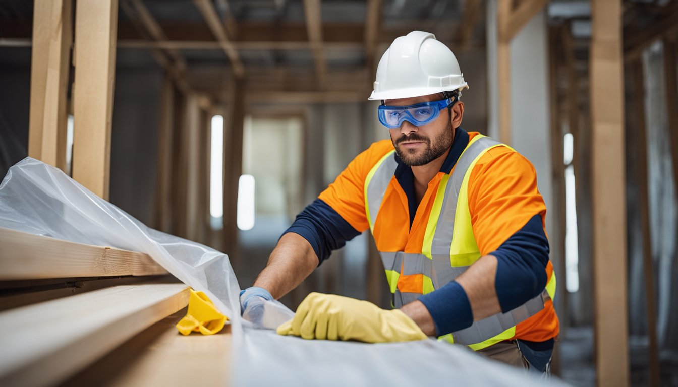 A construction worker wearing a hard hat and safety goggles, carefully sealing off a work area with caution tape and plastic sheeting to prevent dust and debris from spreading throughout the home