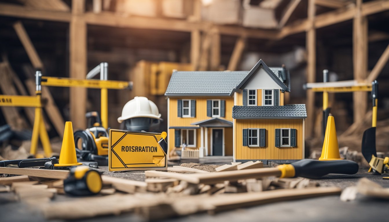 A home surrounded by construction materials and tools with caution signs and safety barriers to protect from renovation hazards