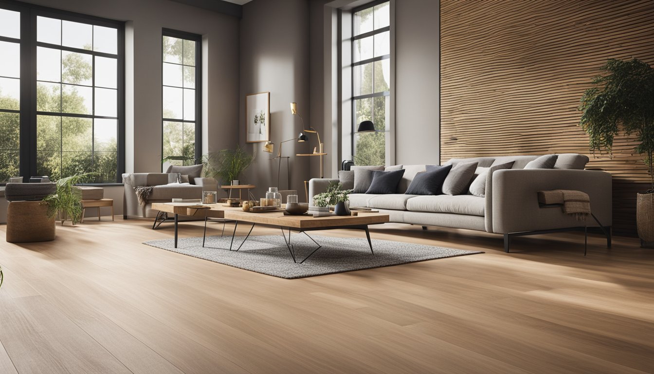 A modern living room with sustainable flooring options like bamboo, cork, or reclaimed wood. Clean, minimalist design with natural light