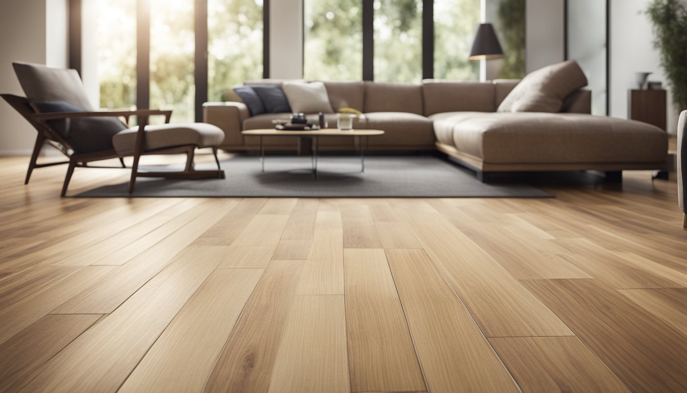 A modern living room with sustainable flooring options showcased in a variety of styles and textures, including bamboo, cork, and reclaimed wood