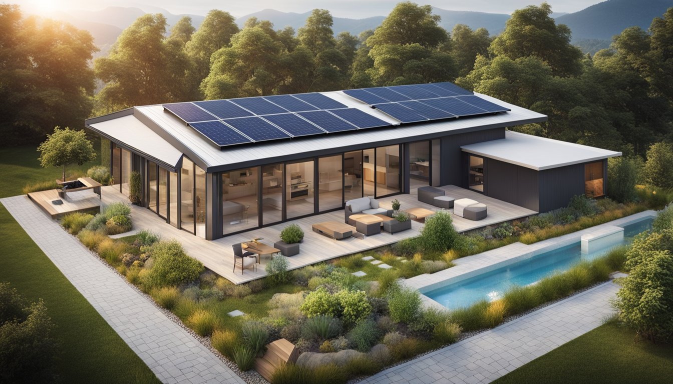 A modern home with solar panels, rainwater harvesting system, and energy-efficient appliances. A garden with native plants and composting area