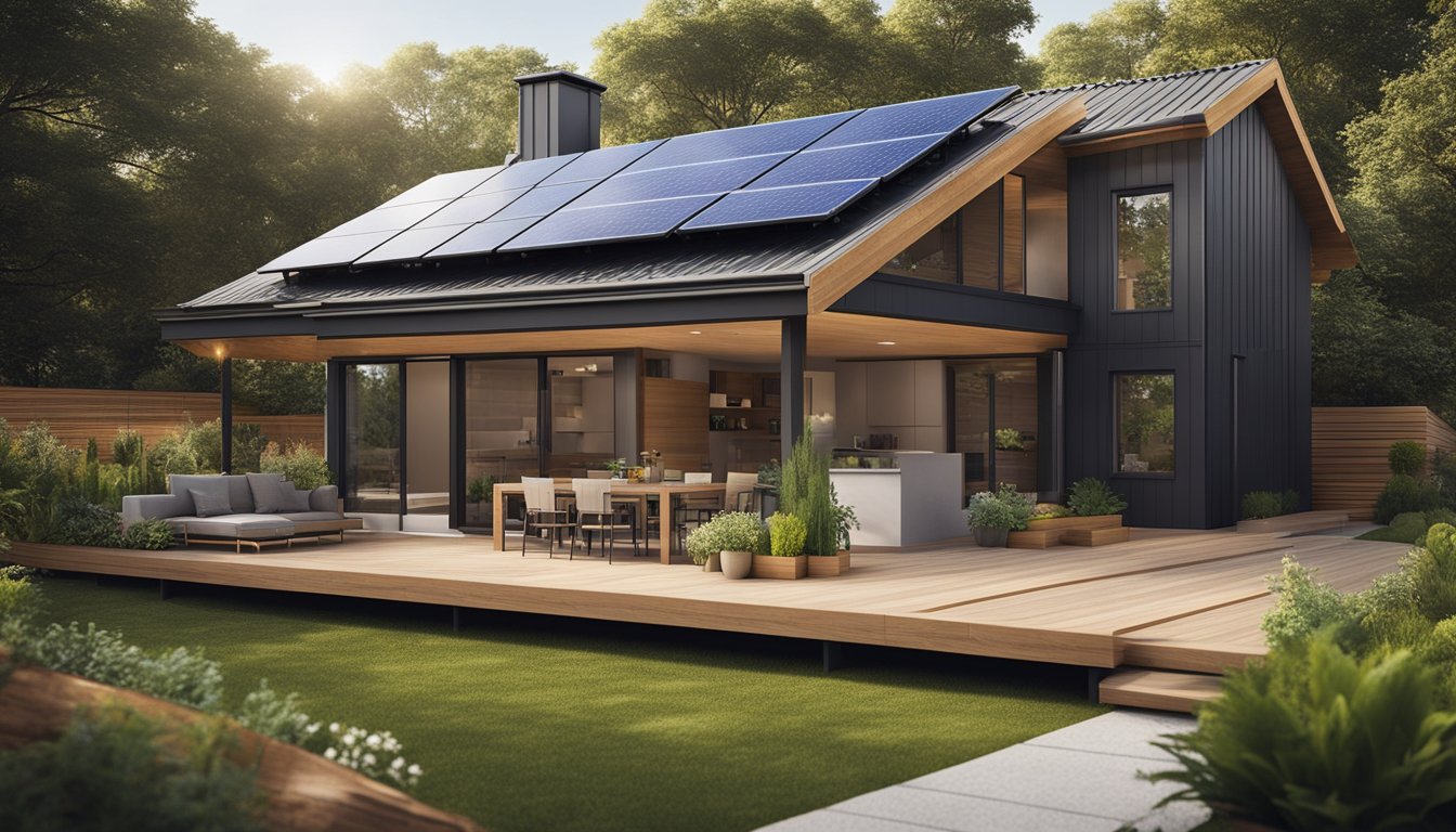 A modern, eco-friendly home renovation with solar panels, energy-efficient appliances, and a rainwater harvesting system. The house is surrounded by a lush garden with native plants and a composting area