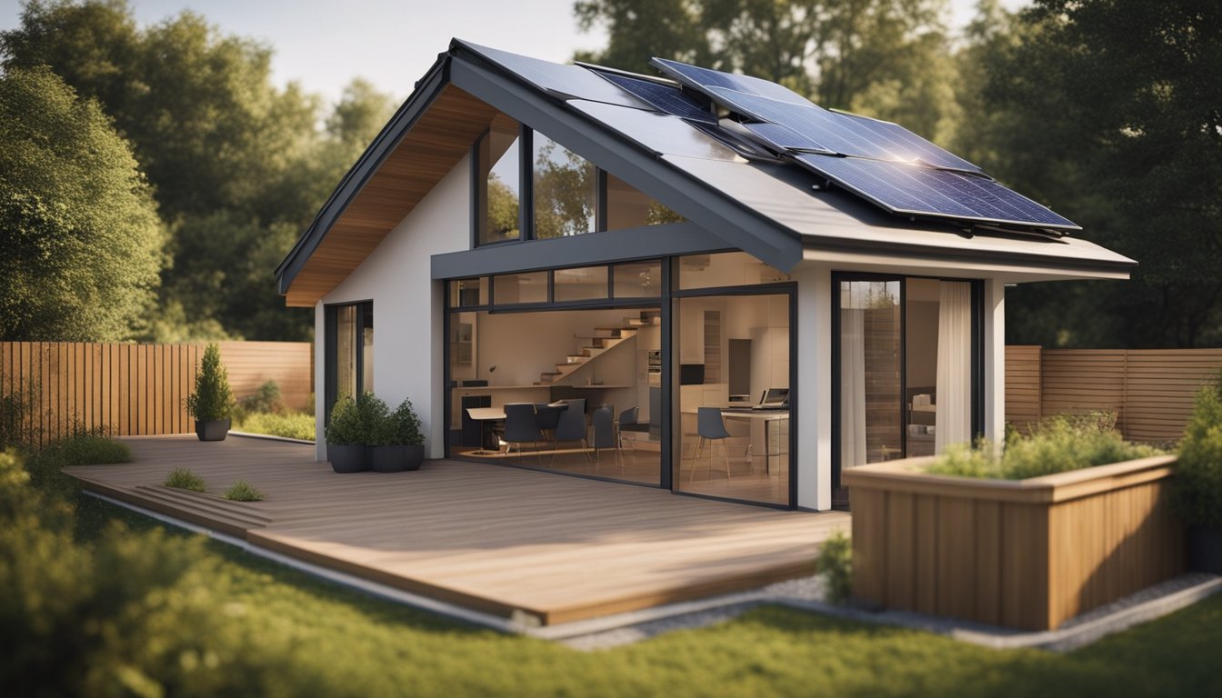A house being renovated with eco-friendly materials and energy-efficient appliances. Solar panels on the roof and a rainwater harvesting system in the backyard