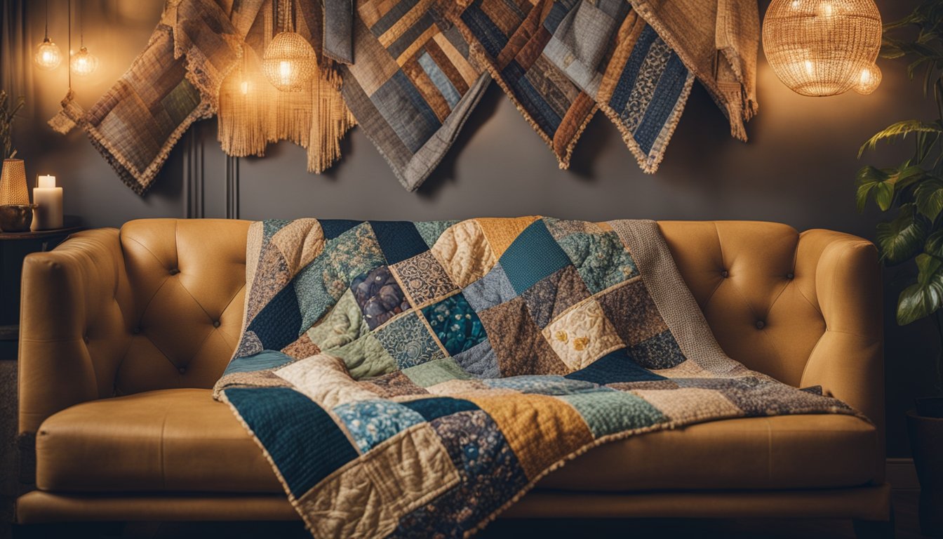 A cozy living room with upcycled fabric throw pillows, a patchwork quilt draped over a sofa, and a decorative wall hanging made from repurposed textiles