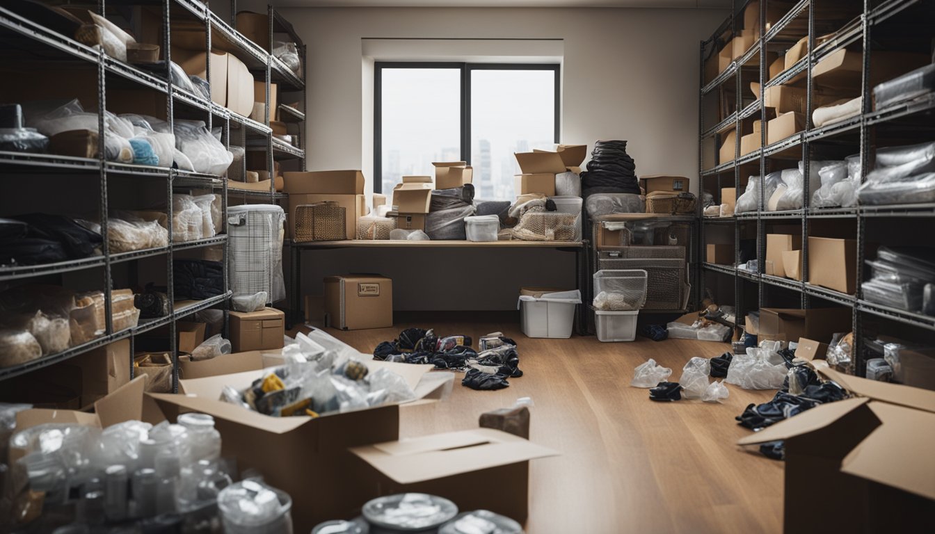 A cluttered room with various items organized into piles, a clear path for walking, and a few empty storage containers ready to be filled