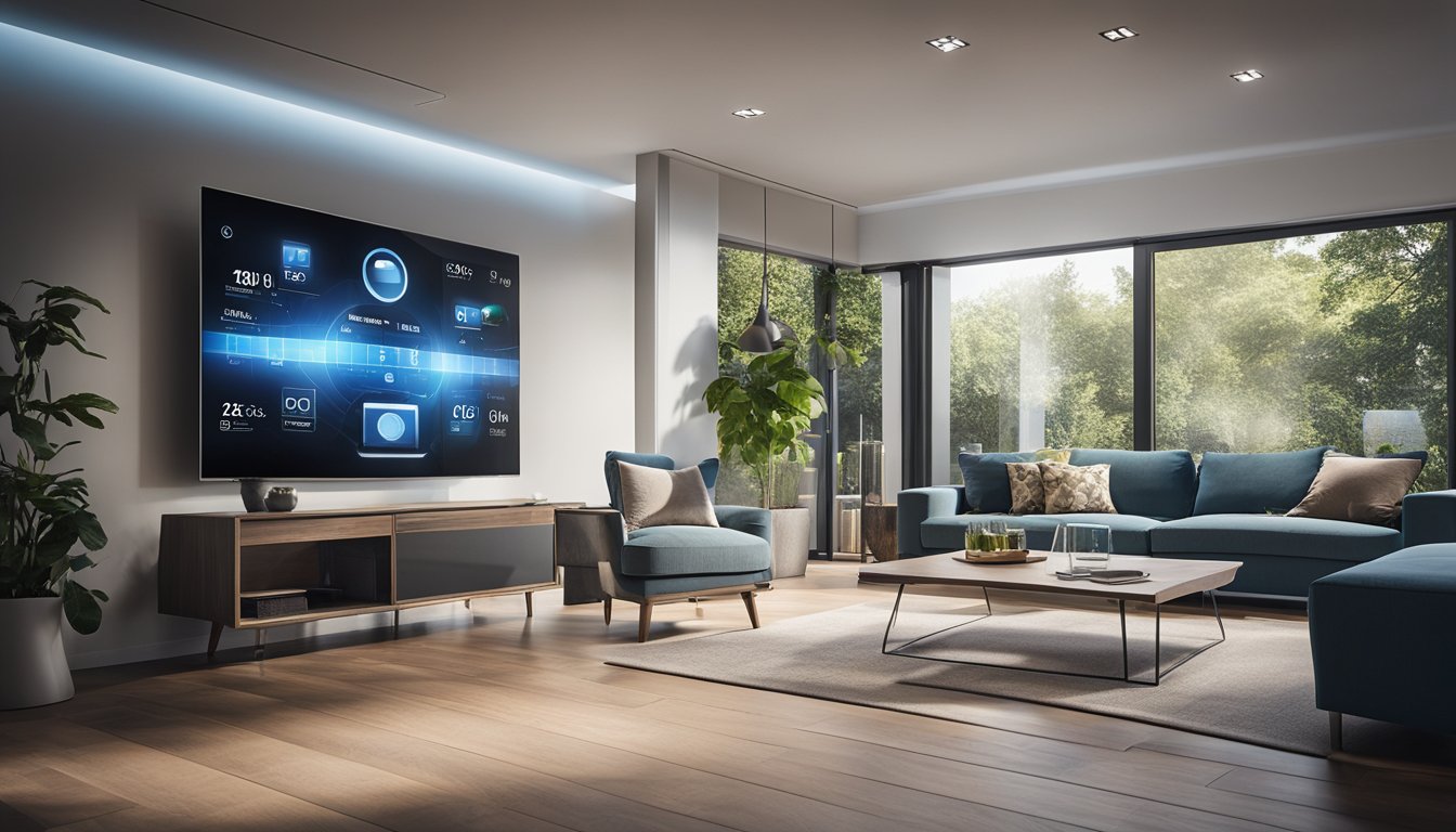 A modern smart home with various energy-efficient devices and systems, such as solar panels, smart thermostats, and energy-saving appliances