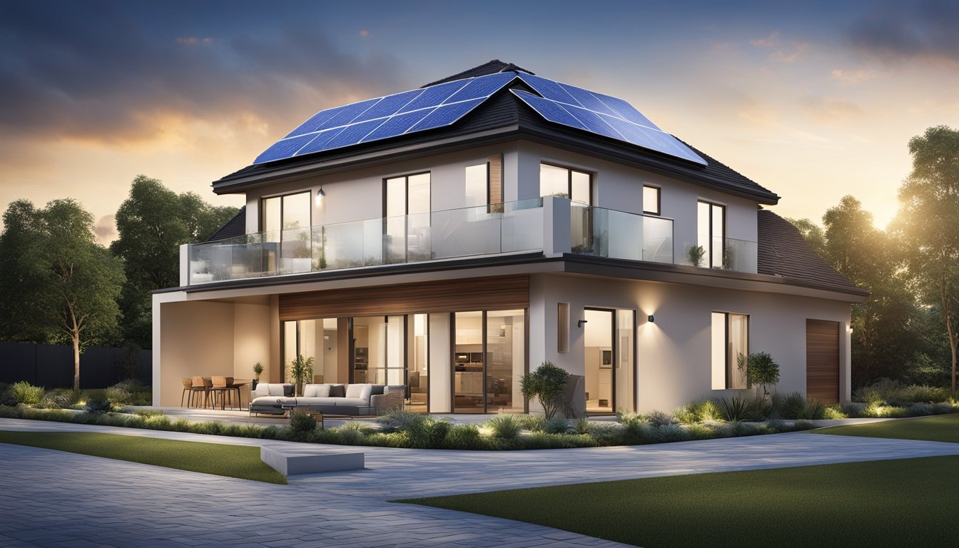 A modern home with solar panels on the roof, energy-efficient appliances, smart thermostat, double-pane windows, and LED lighting