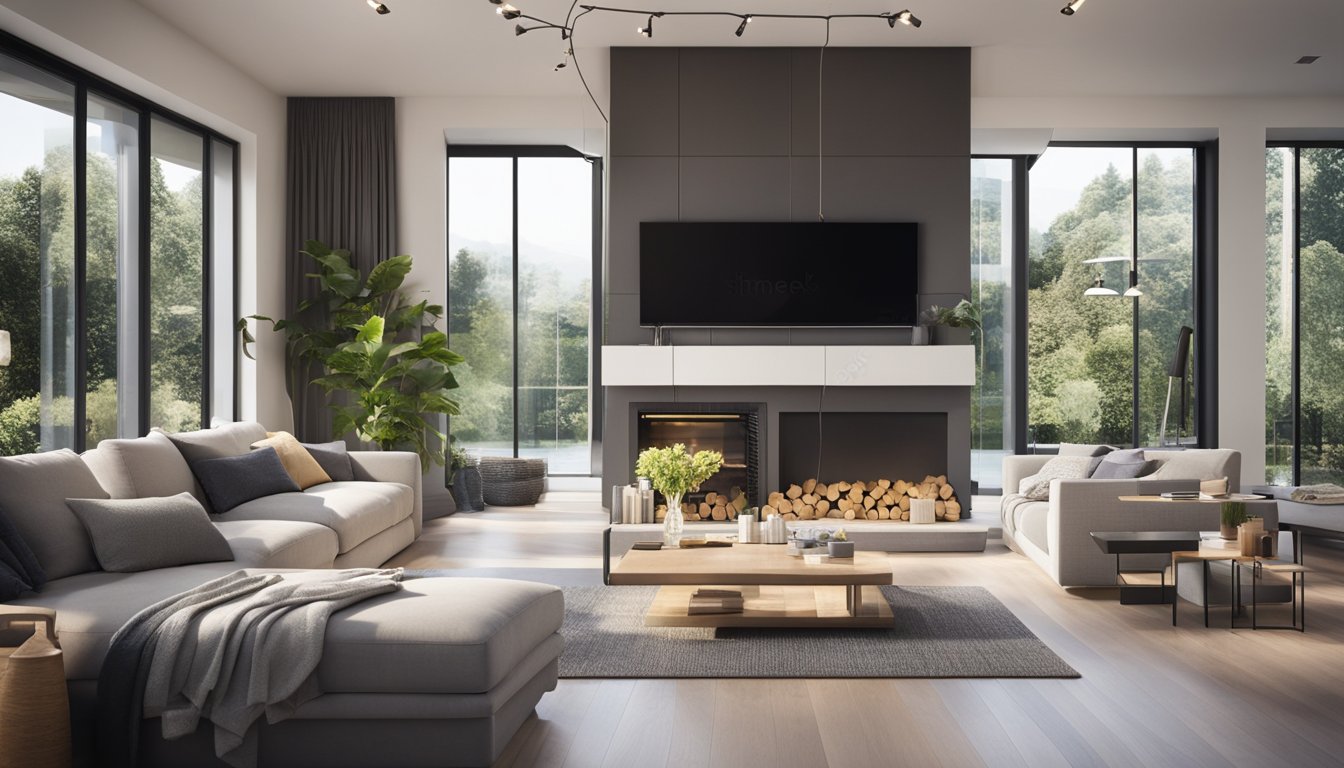 A modern smart home with energy-efficient appliances, solar panels, and automated systems for lighting, heating, and cooling