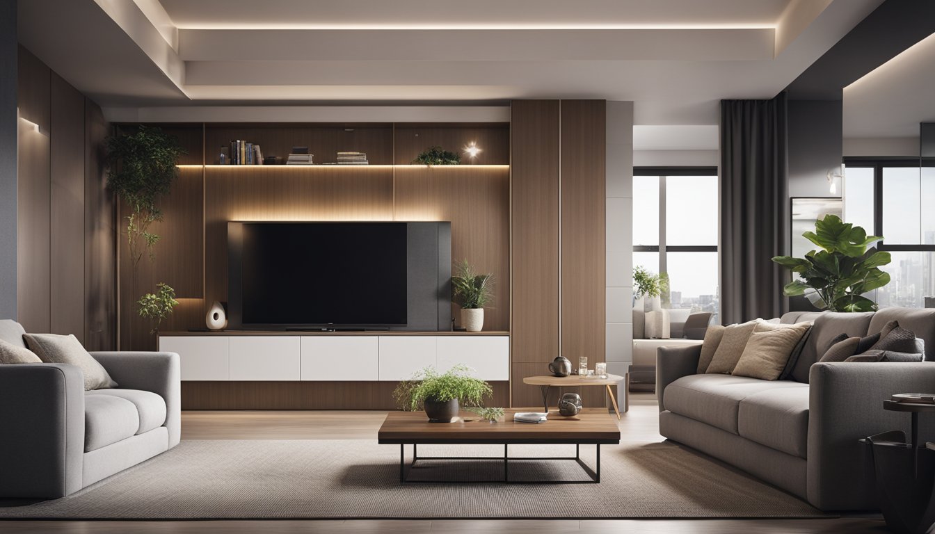 A modern living room with smart home technology controlling lighting, temperature, and security features, creating a safe and convenient lifestyle