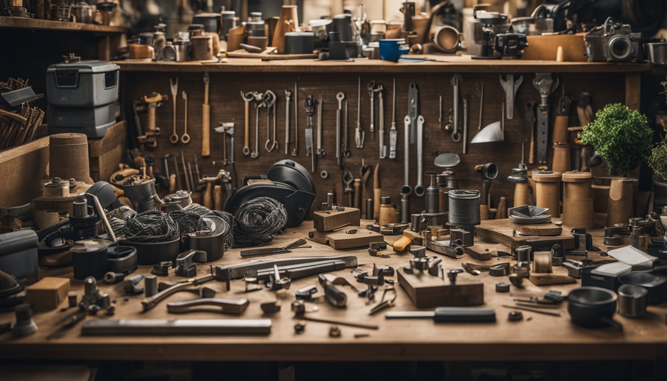 A cluttered workbench with various recycled materials and tools, surrounded by finished DIY projects. A sense of creativity and transformation is evident in the scene