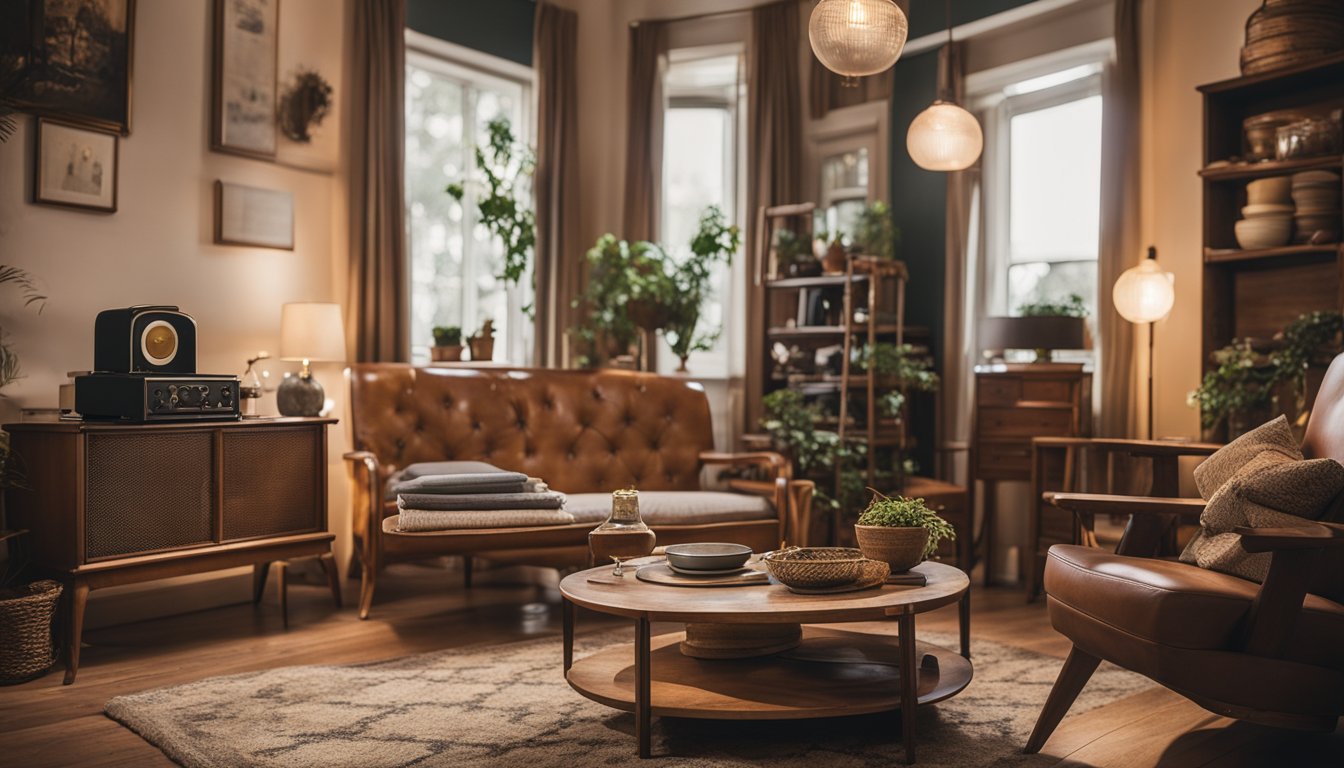 A cozy living room with a vintage record player, old-fashioned lamps, and antique furniture. A kitchen with retro appliances and a rustic dining table set with vintage dishes
