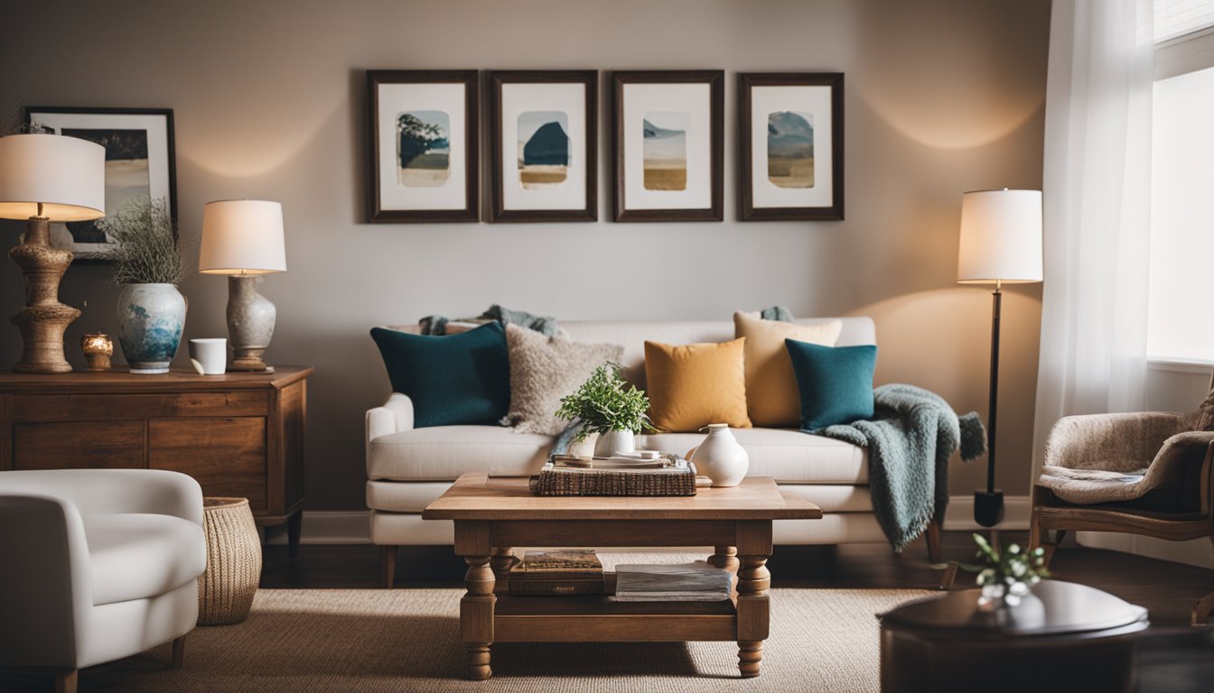 A cozy living room with vintage decor: a weathered wooden coffee table, antique lamps, and retro artwork on the walls