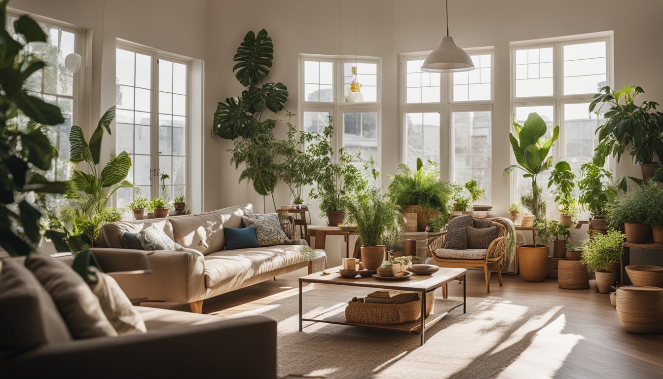A cozy living room with upcycled furniture, potted plants, and handmade textiles. Natural light streams in through large windows, illuminating the space
