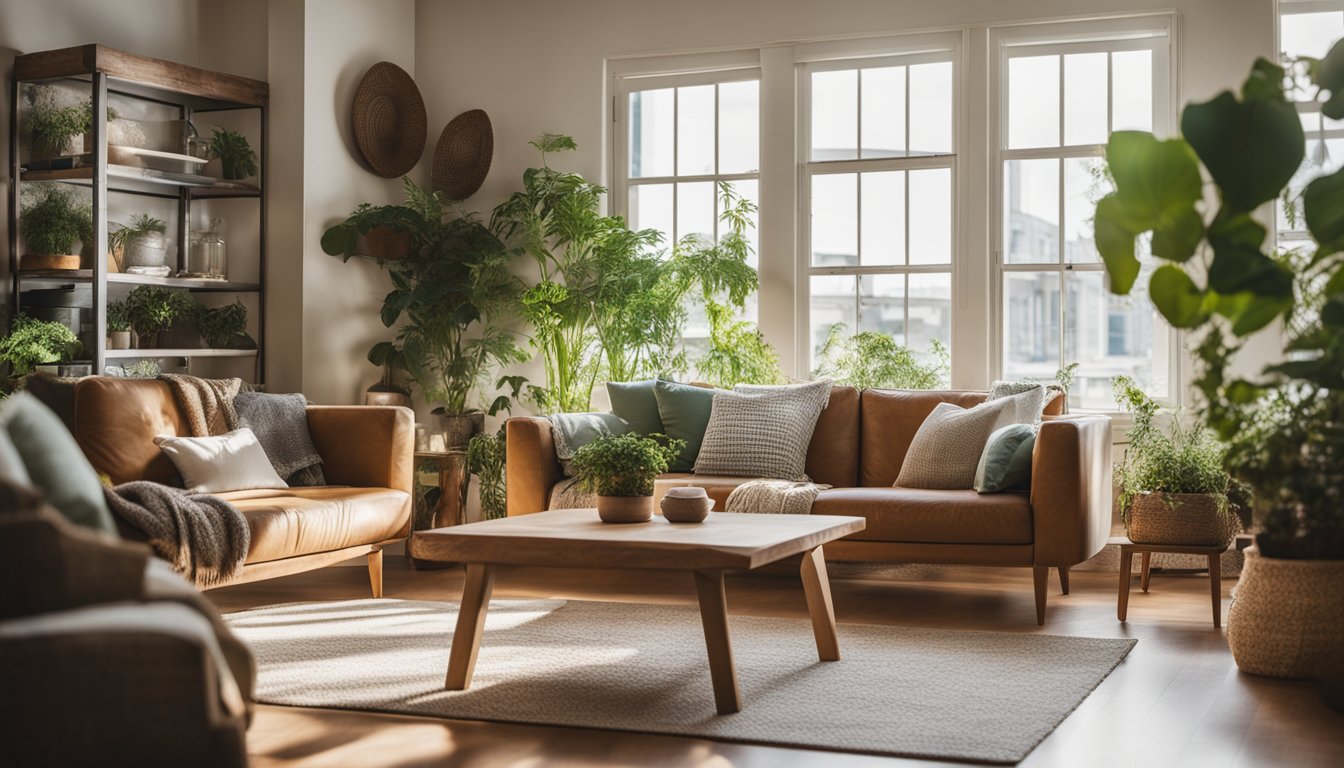 A cozy living room with upcycled furniture, potted plants, and eco-friendly decor accents. Natural light streams in through large windows, illuminating the sustainable design elements
