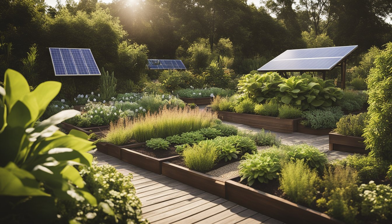 A lush garden with native plants, rainwater collection system, compost bins, and solar-powered lights