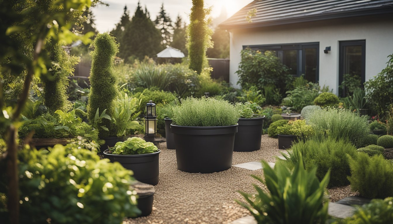 A lush garden with unique eco-friendly features, such as rainwater collection systems, native plantings, and compost bins