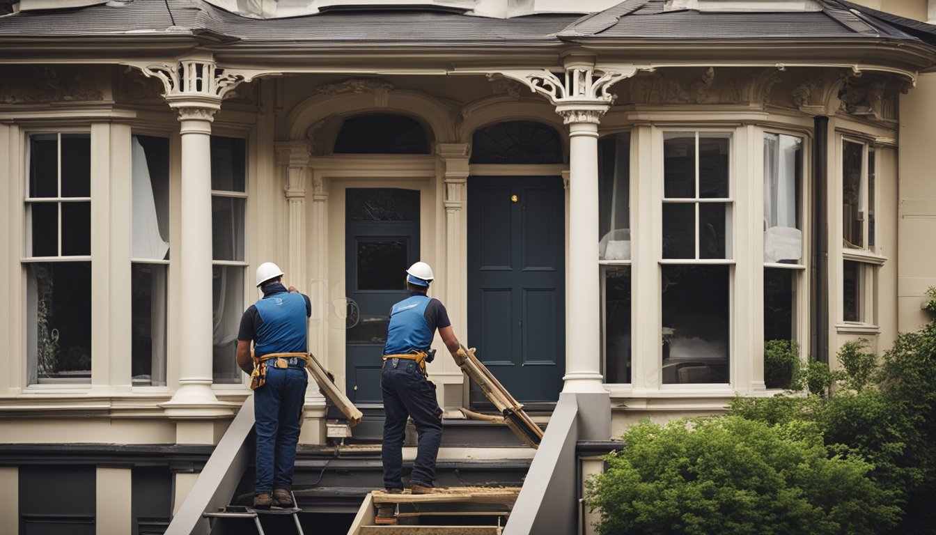 A Victorian home being renovated, with workers repairing the exterior facade and painters updating the interior walls