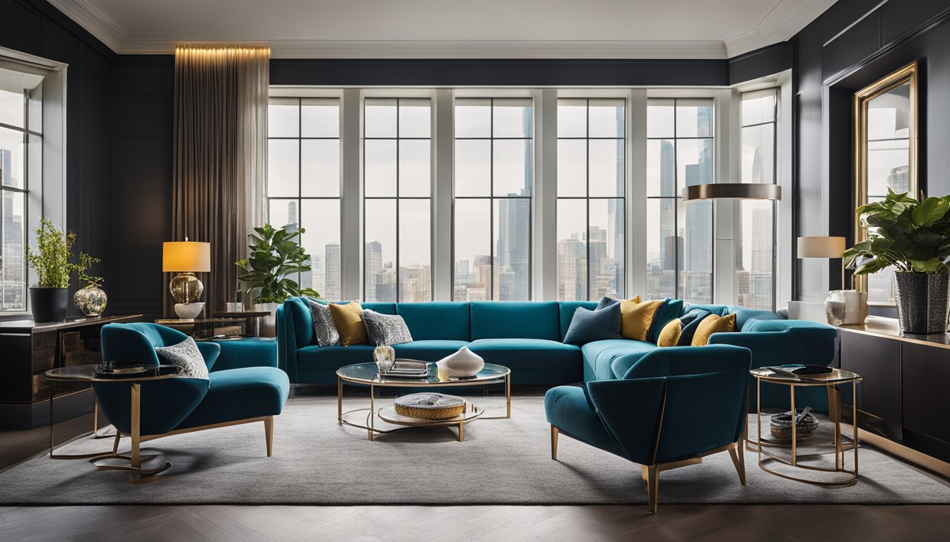 A modernized classic interior with bold, strategic use of color and texture. Rich fabrics and sleek furniture create a contemporary yet timeless aesthetic