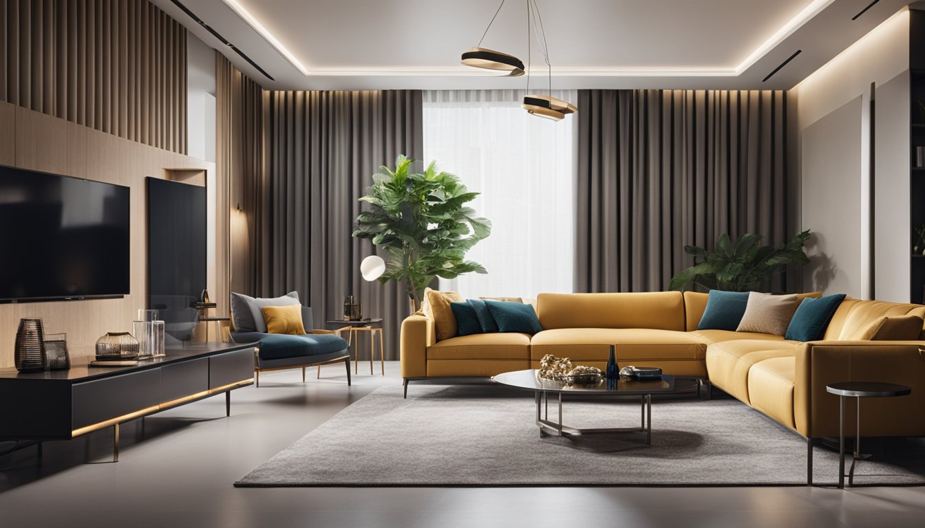 A classic interior with modern elements: sleek furniture, bold accent colors, and innovative lighting, creating a fresh and stylish space