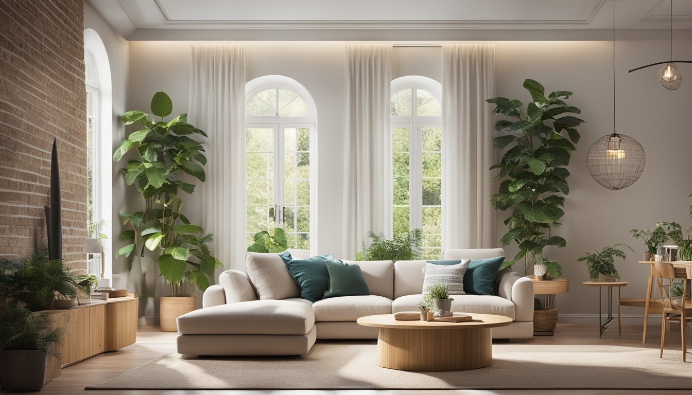 A cozy living room with eco-friendly furniture and energy-efficient appliances. Plants and natural lighting create a sustainable and inviting atmosphere