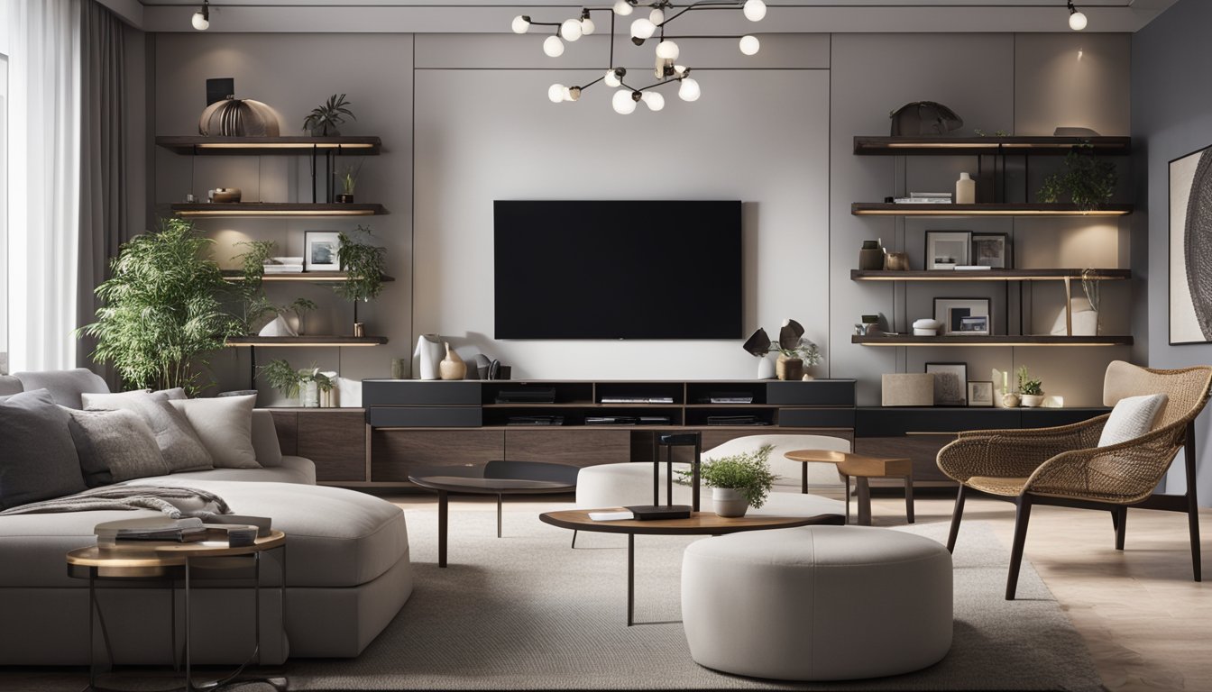 A modern living room with sleek, space-saving furniture and innovative storage accessories, maximizing efficiency and creating a clutter-free environment
