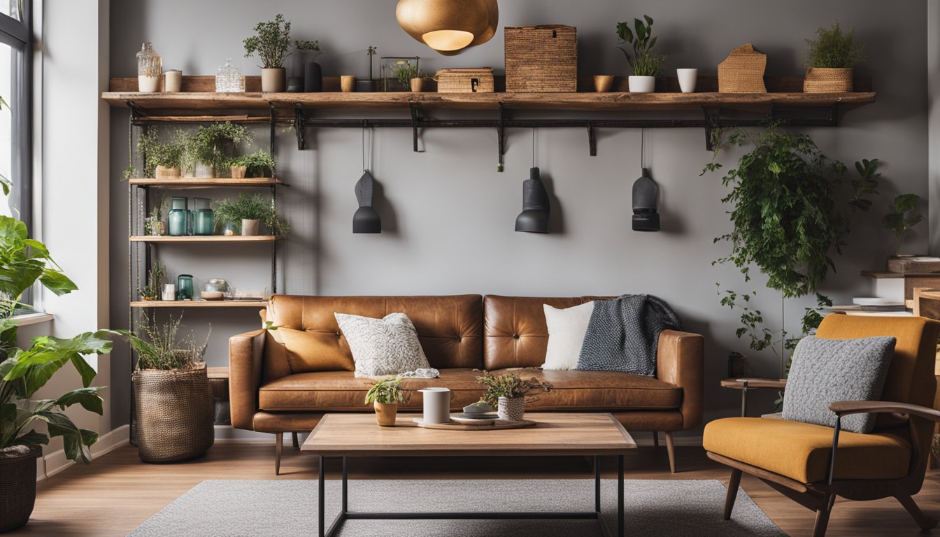 A cozy living room with DIY upcycled furniture, shelves made from repurposed materials, and creative wall art using reclaimed wood and metal