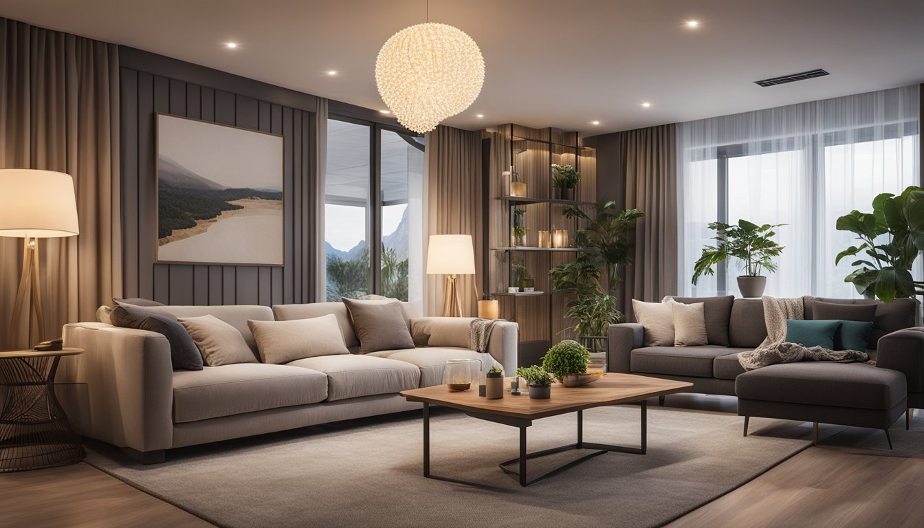 A cozy living room with various eco-friendly lighting fixtures, including LED bulbs, solar-powered lamps, and energy-efficient ceiling lights