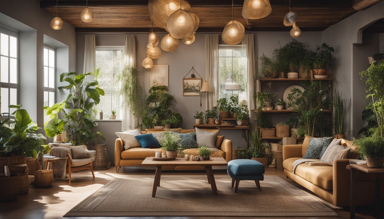 A cozy living room with repurposed furniture and vintage-inspired decor. Plants hang from the ceiling, and handmade textiles add warmth to the space
