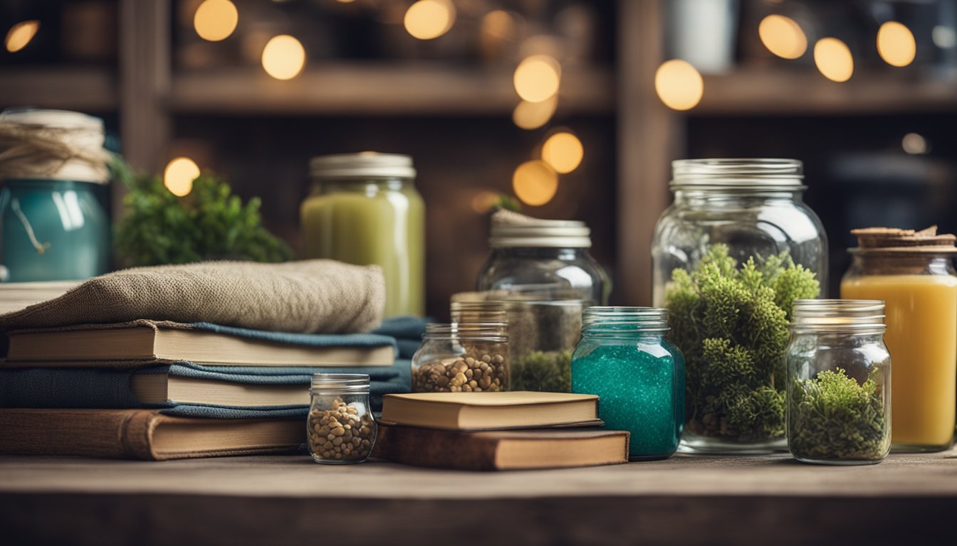 A table with various upcycled home decor items like repurposed jars, old books turned into shelves, and recycled fabric wall hangings