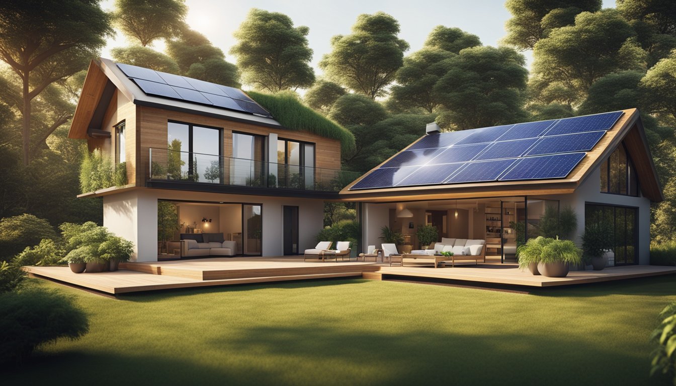 A cozy eco-friendly home with energy-efficient appliances and sustainable materials, surrounded by lush greenery and solar panels on the roof