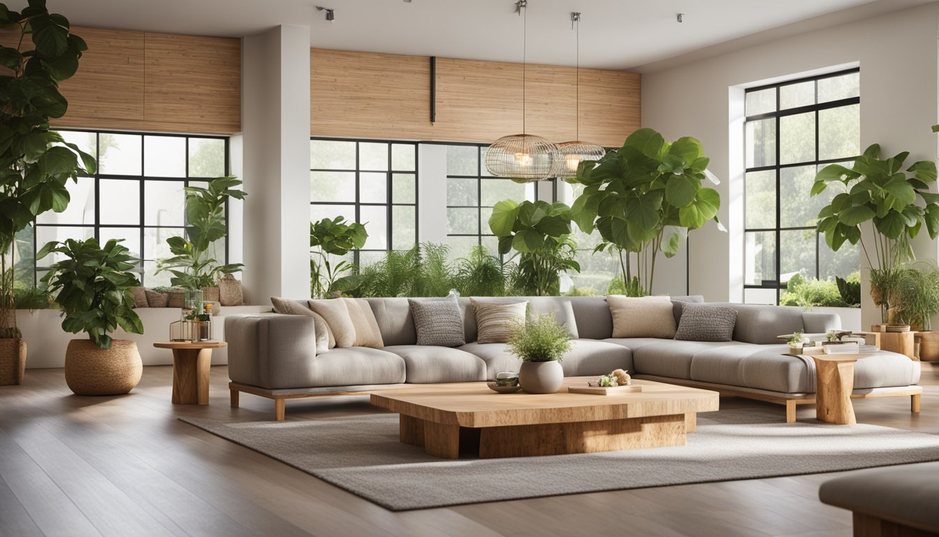 A modern living room with eco-friendly furniture, natural lighting, and indoor plants. Sustainable materials like bamboo, cork, and reclaimed wood are used throughout the space