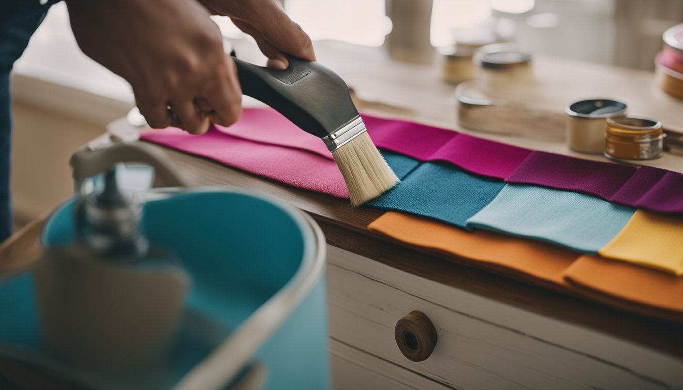 A vintage dresser being sanded down, with a paint can and brush nearby, and a stack of colorful fabric swatches for reupholstering a chair