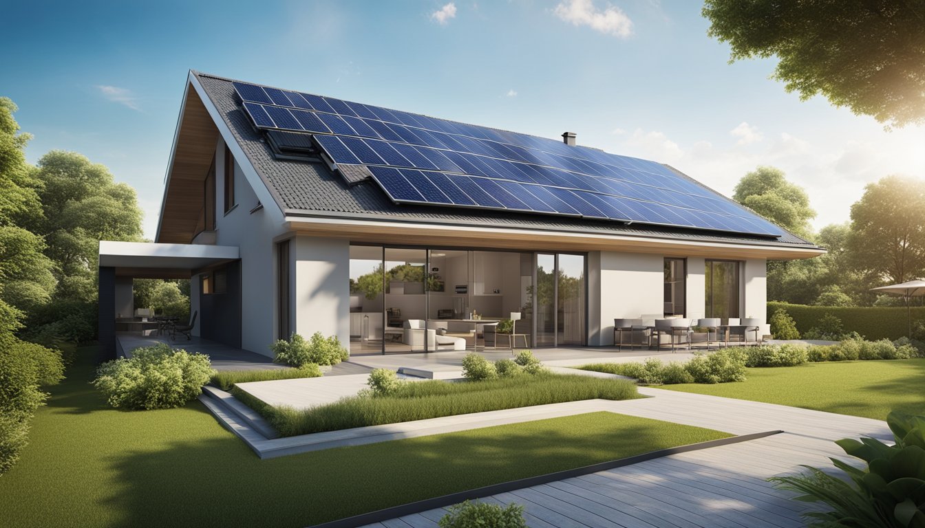A modern home with solar panels on the roof, smart thermostats, and energy-efficient appliances. The house is surrounded by lush greenery and a clear blue sky